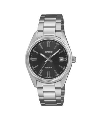 Reloj Casio UTP-1302PD-1AVEF con esfera negra, calendario, cristal mineral y brazalete de acero inoxidable.