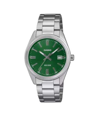 Reloj Casio UTP-1302PD-3A1VEF con esfera verde oscuro, calendario, cristal mineral y brazalete de acero inoxidable.