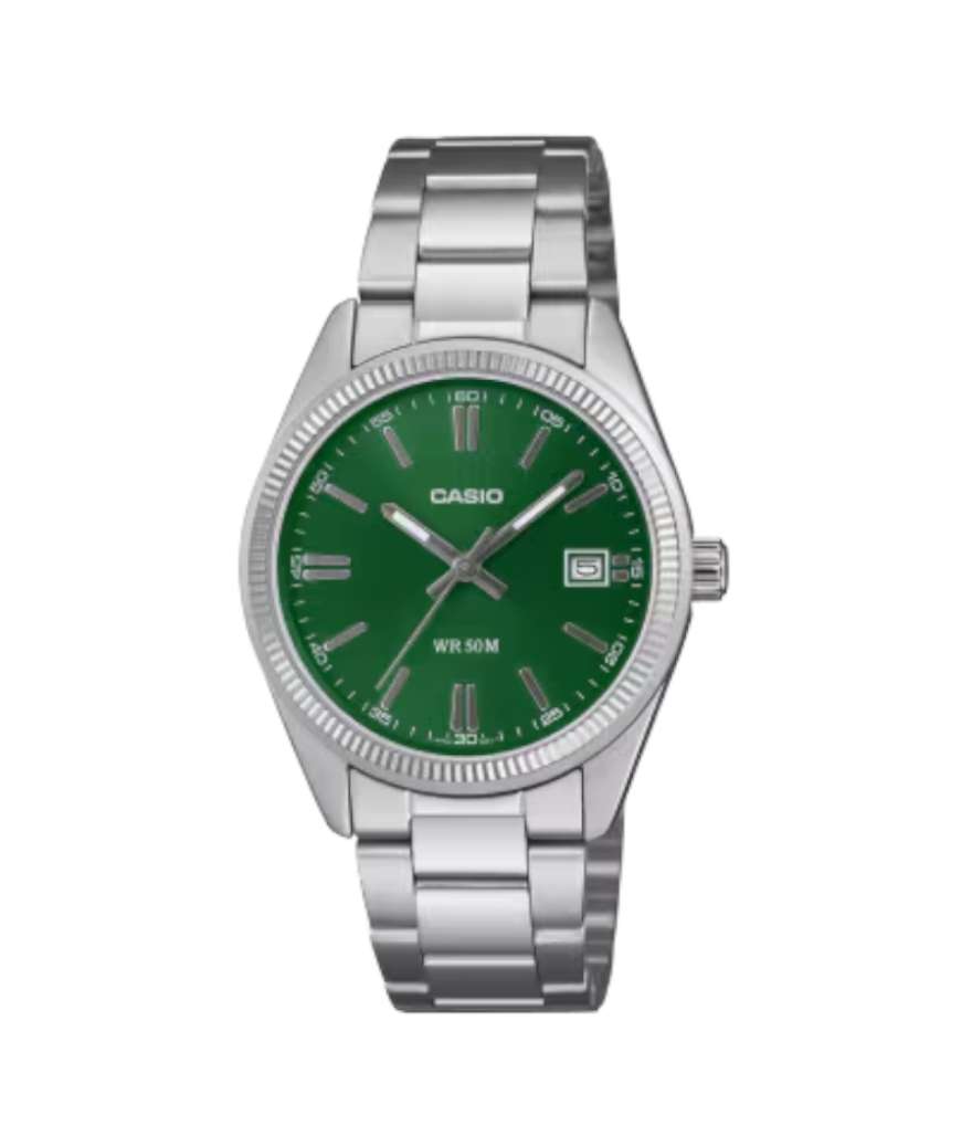 Reloj Casio UTP-1302PD-3A1VEF con esfera verde oscuro, calendario, cristal mineral y brazalete de acero inoxidable.