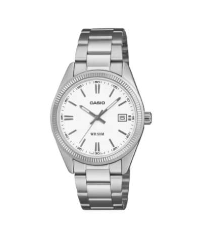 Reloj Casio UTP-1302PD-7AVEF con esfera blanca, calendario, cristal mineral y brazalete de acero inoxidable.