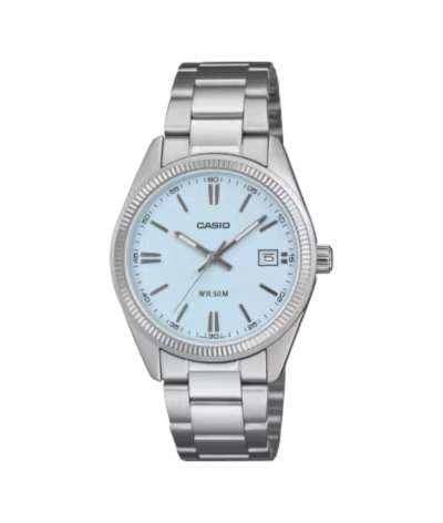 Reloj Casio UTP-1302PD-2A2VEF con esfera azul claro, calendario, cristal mineral y brazalete de acero inoxidable.