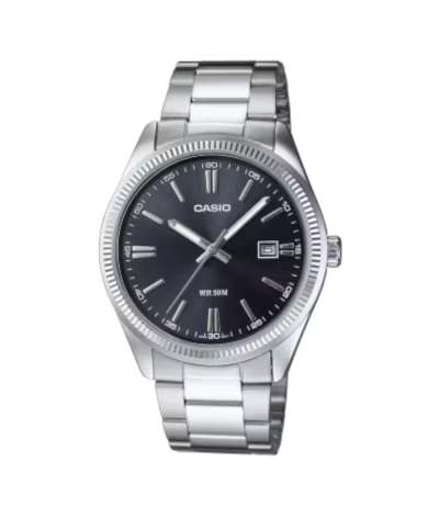 Reloj Casio MTP-1302PD-1A1VEF para hombre con esfera negra, bisel estriado y brazalete de acero inoxidable.