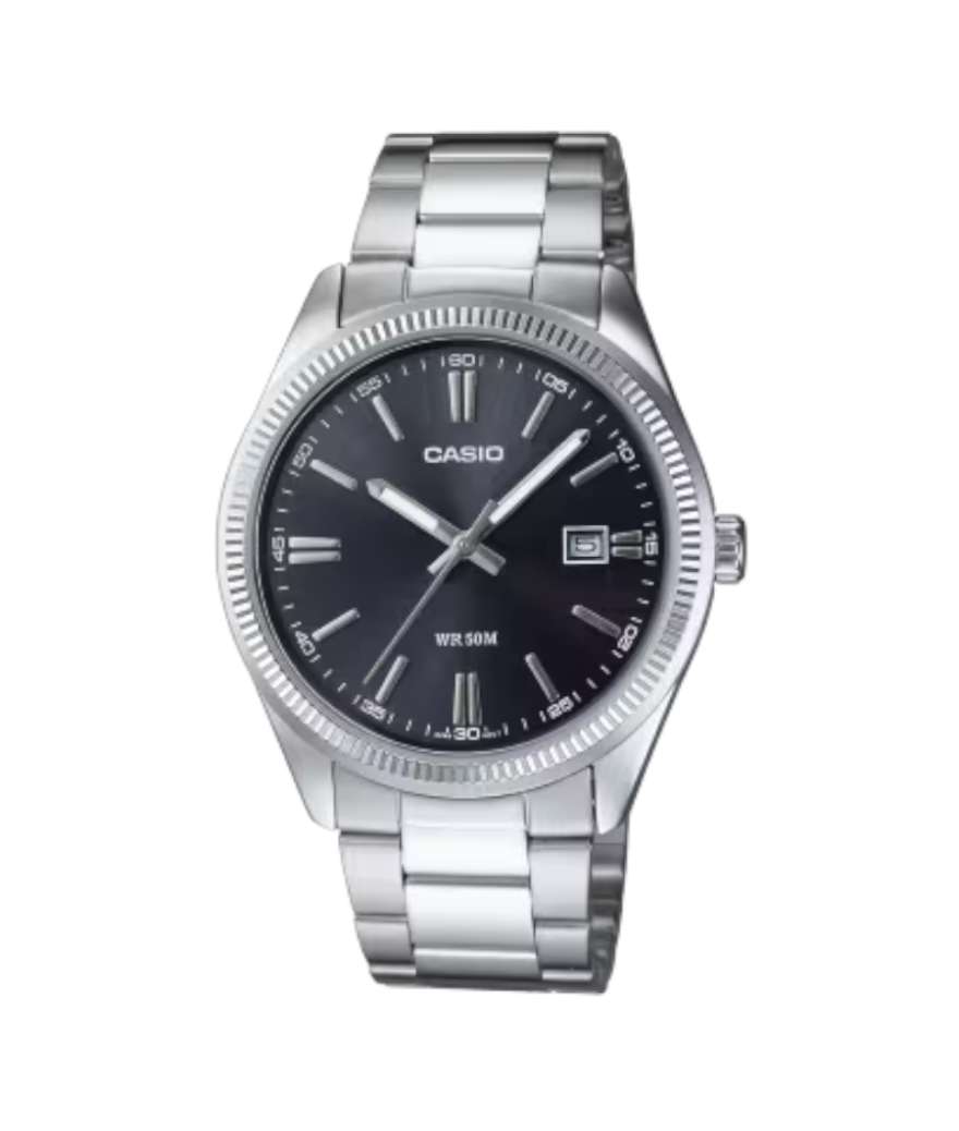 Reloj Casio MTP-1302PD-1A1VEF para hombre con esfera negra, bisel estriado y brazalete de acero inoxidable.