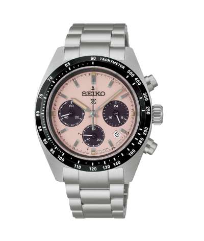 Seiko Prospex Speedtimer SSC963P1 cronógrafo solar de 39 mm con esfera rosa y brazalete de acero.